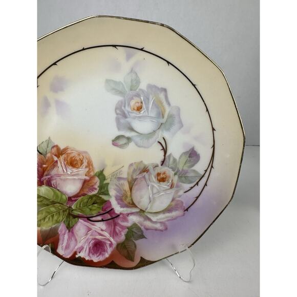 Royal Rudolstadt Prussia Hand Painted Plate Roses Gold rimmed 8.5" - Picture 6 of 9